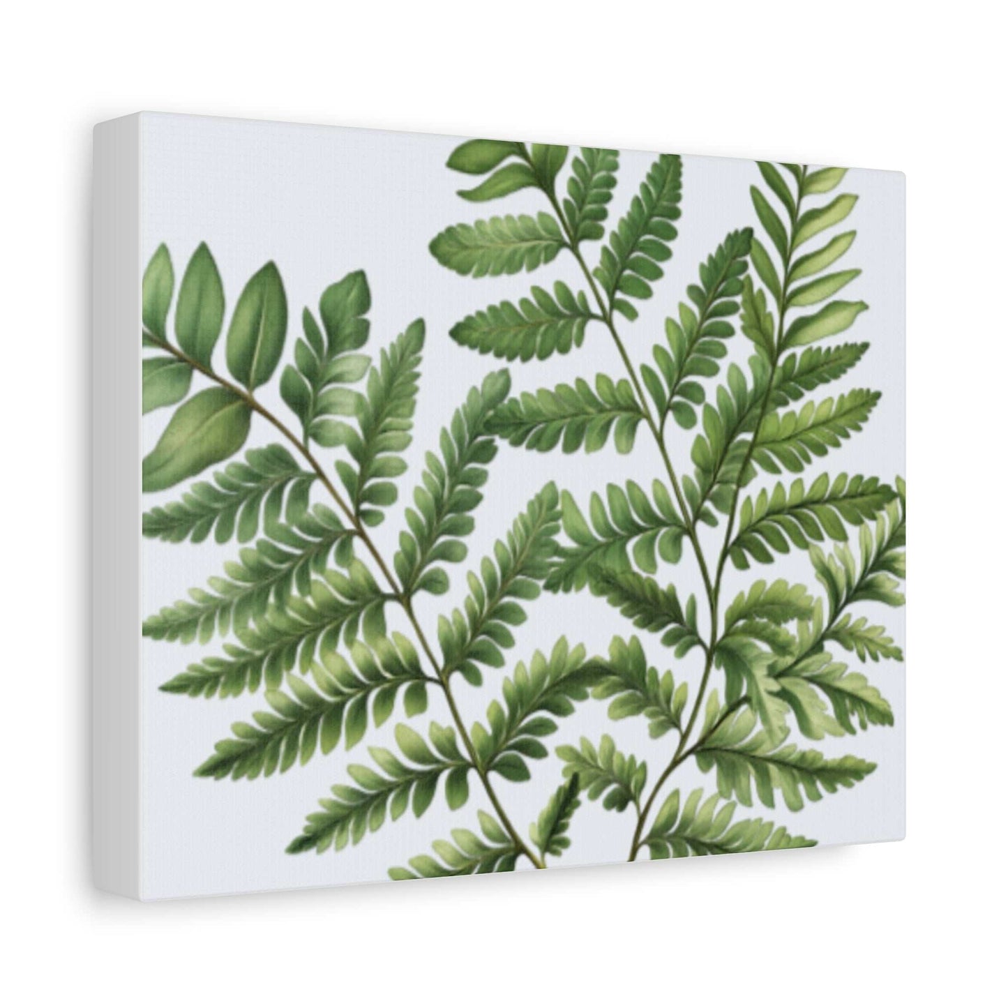Matte canvas with green leaves design, stretched and ready to hang, made from cotton-polyester composite and pine wood.