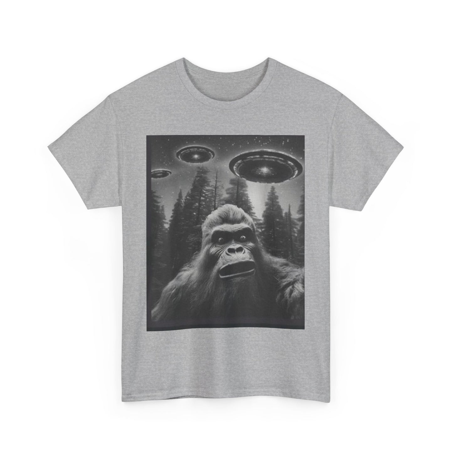 Bigfoot and flying saucers Unisex Heavy Cotton Tee - Size Variants ET