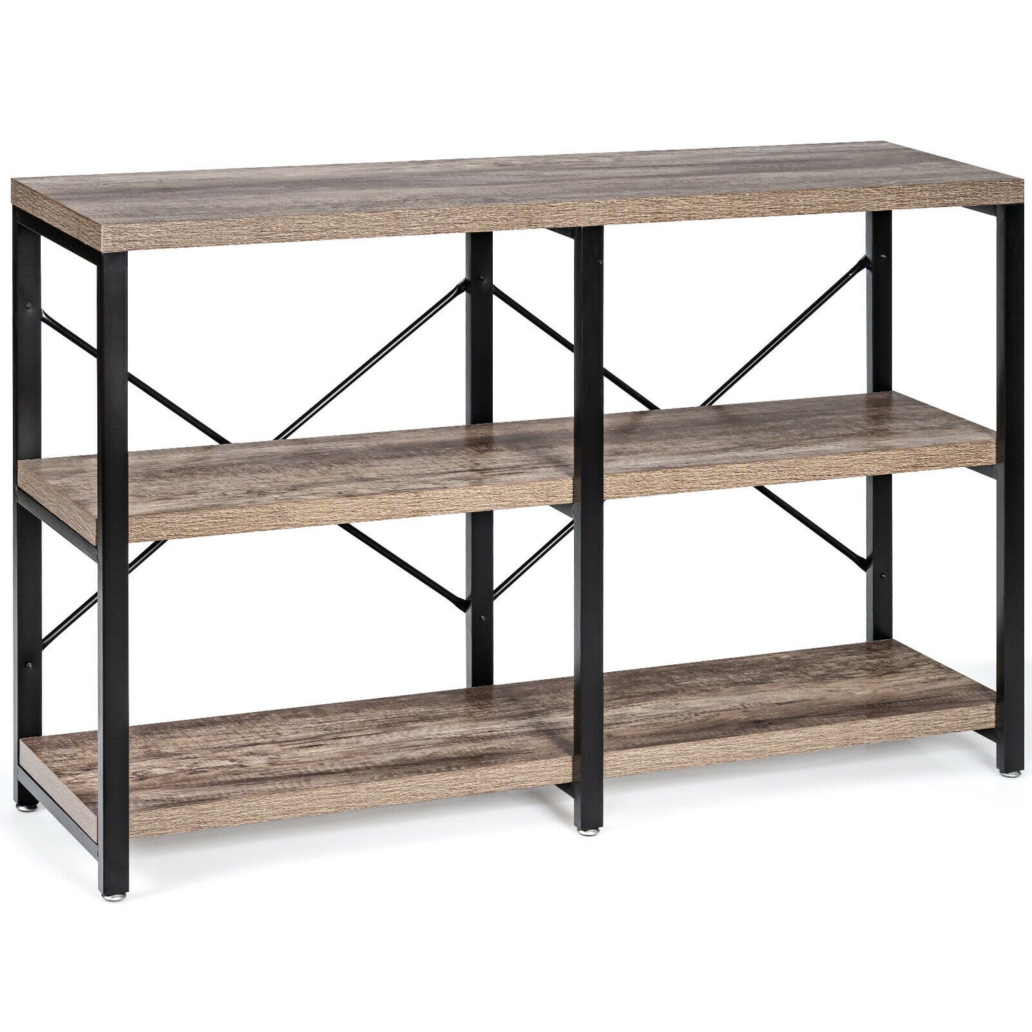 3-Tier Console Table - Rustic X-Shaped with Shelves