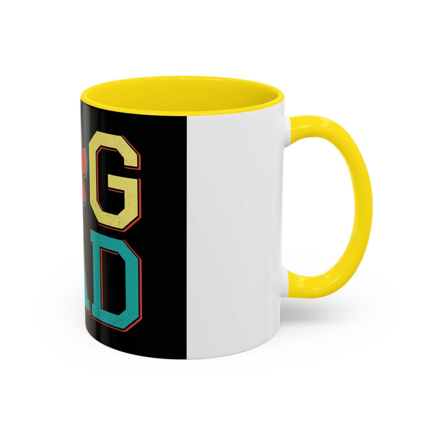 White ceramic mug with "Dog Dad" design, yellow interior and handle, 11oz or 15oz sizes, glossy finish.