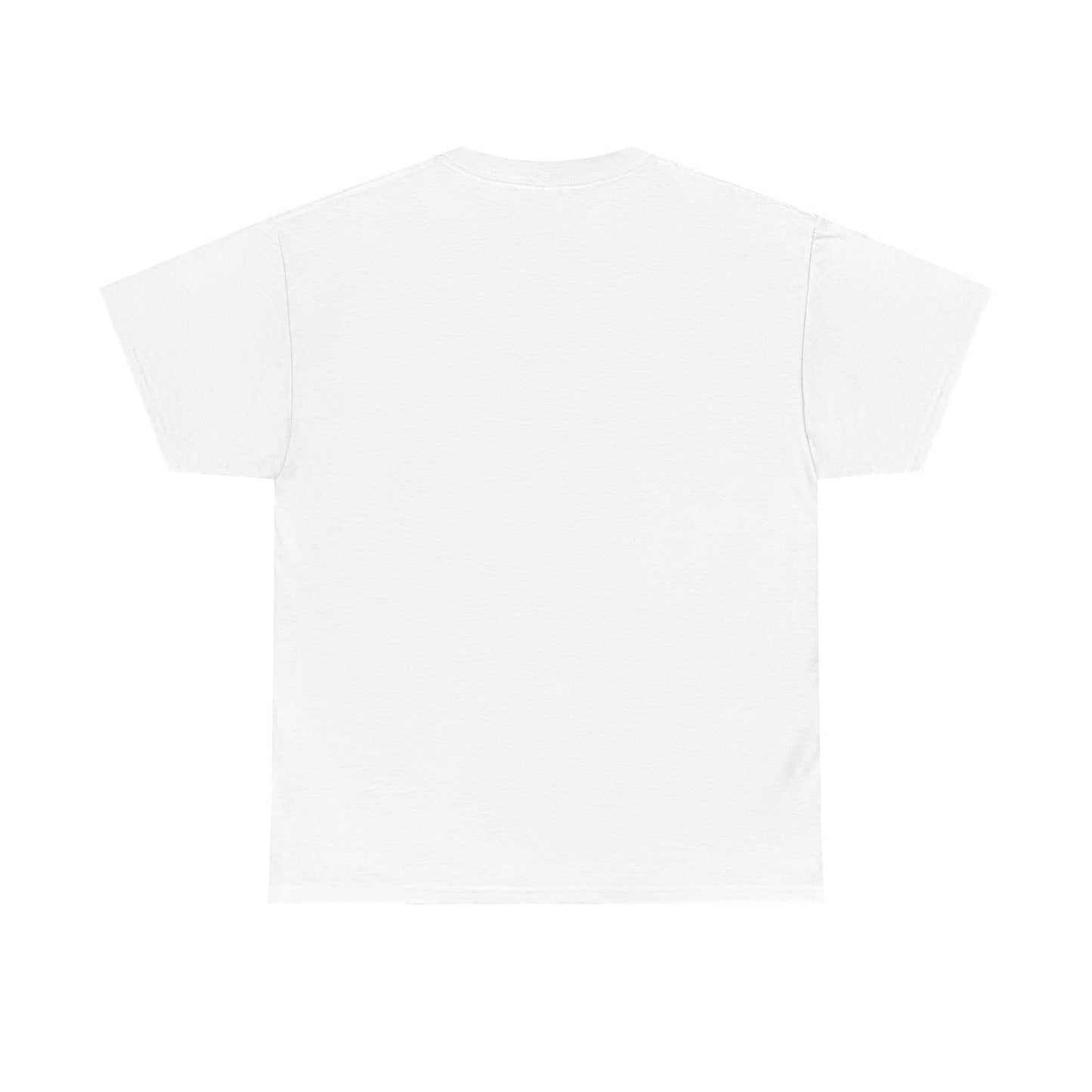 Unisex heavy cotton tee, white, back view, blank for customization, dog-themed potential design.