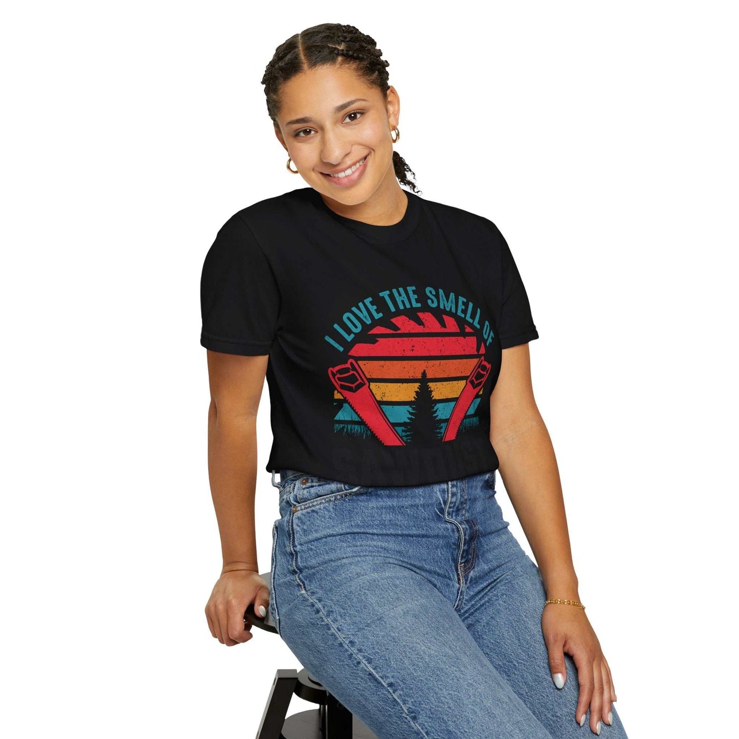 Unisex garment-dyed t-shirt by Comfort Colors 1717 in black, featuring colorful graphic, worn by a smiling person.