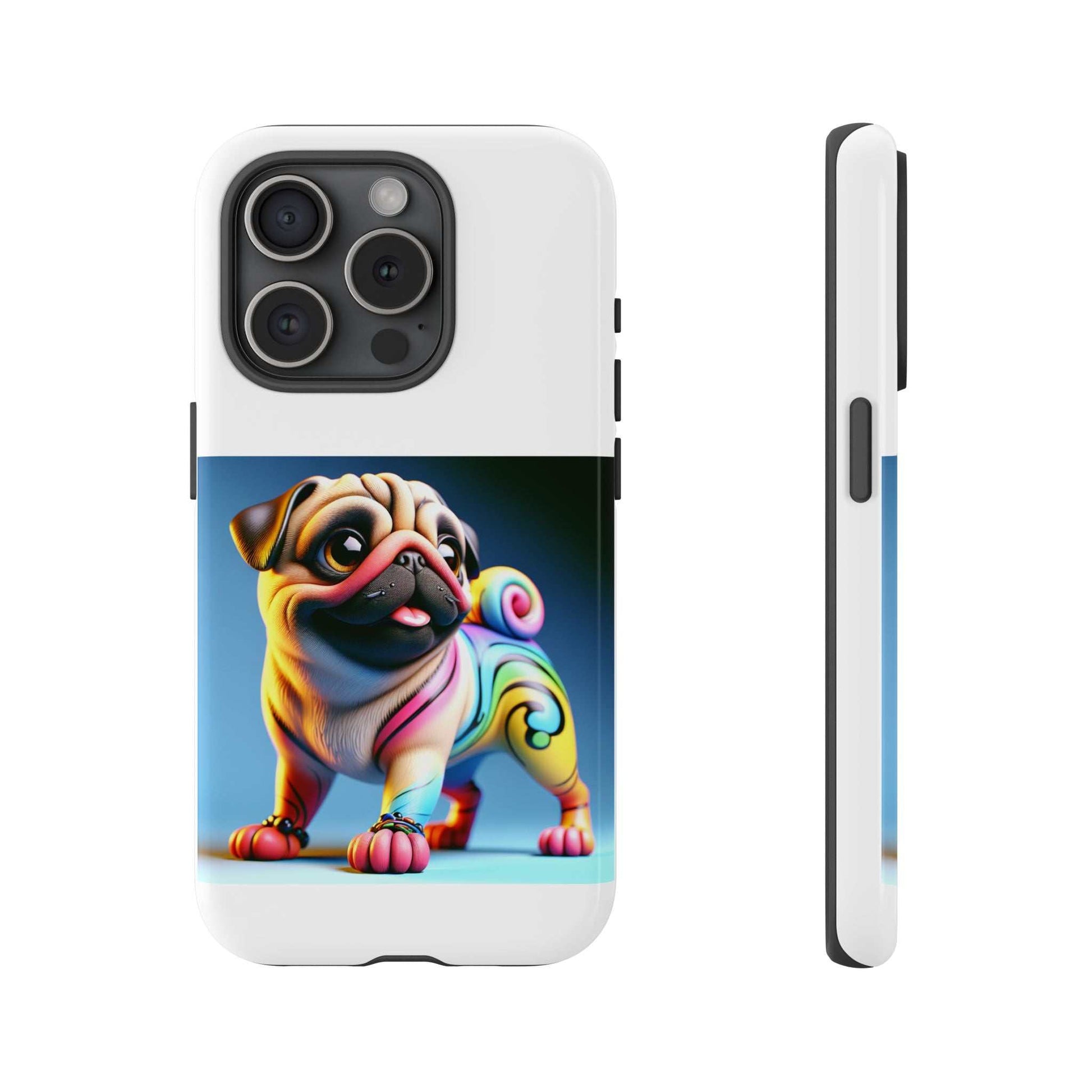 Pug dog tough 3D phone case with colorful design, durable and shock-absorbent, perfect for animal lovers.