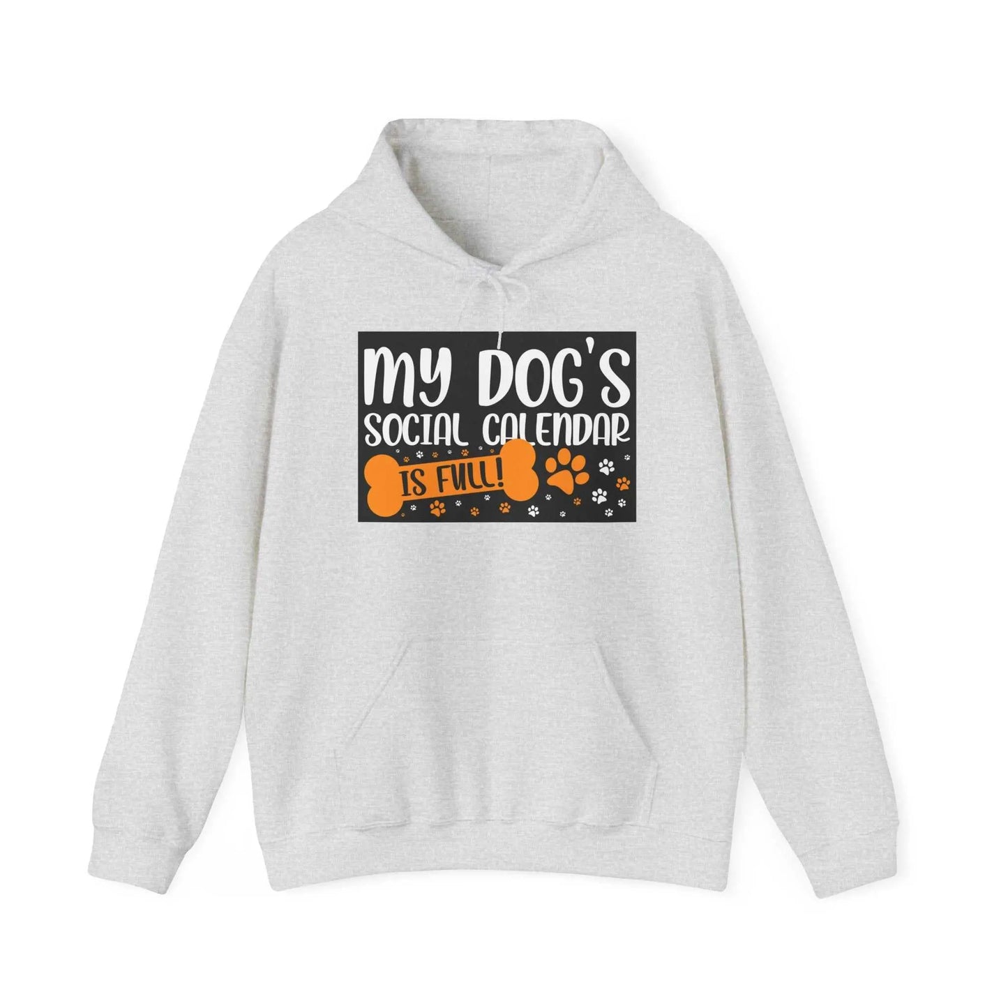 Unisex heavy blend hoodie with "My Dog's Social Calendar is Full" design, featuring a kangaroo pocket and color-matched drawstring for style and practicality.