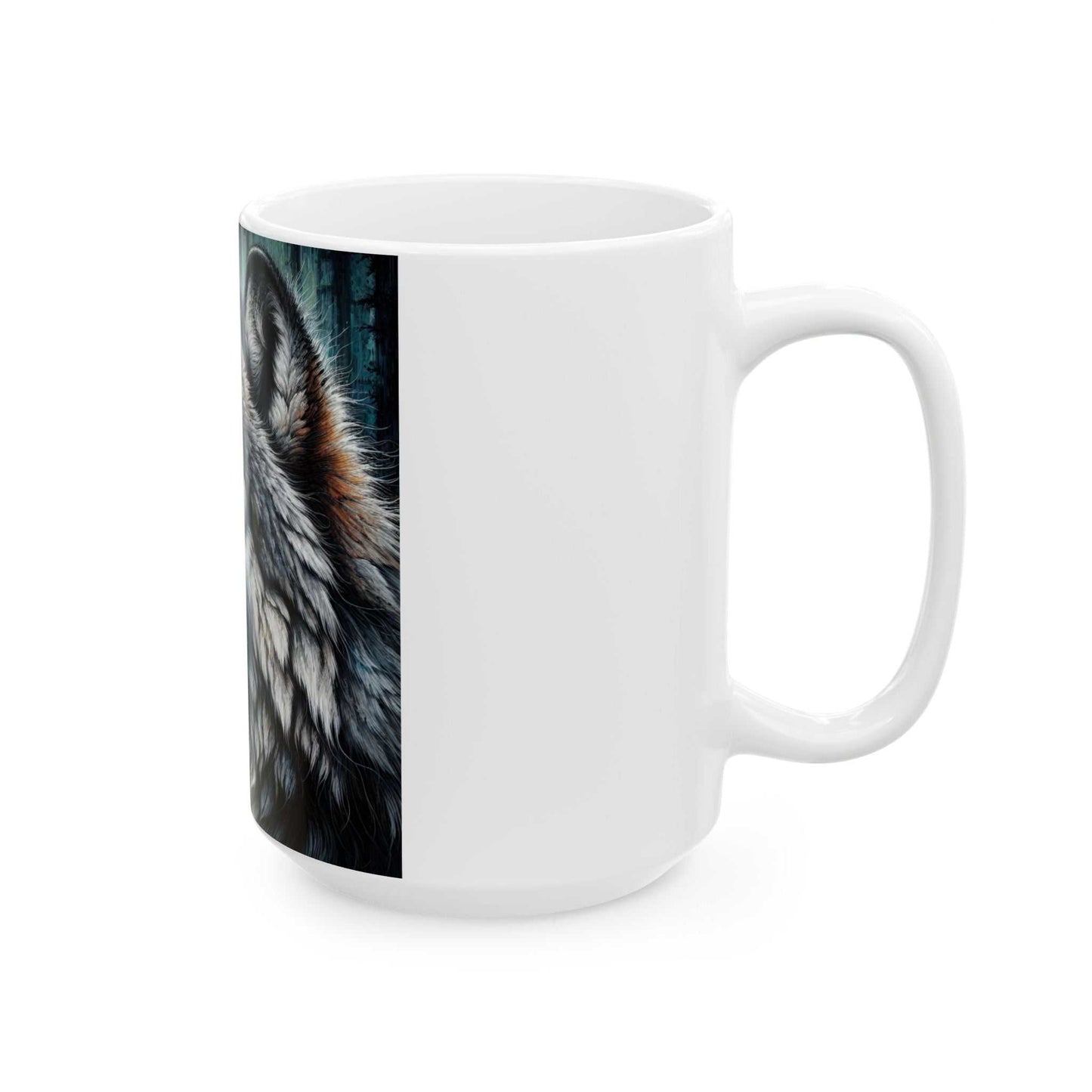 Majestic Wolf Ceramic Mug featuring vibrant nature design, available in 11oz and 15oz sizes, perfect for coffee enthusiasts.