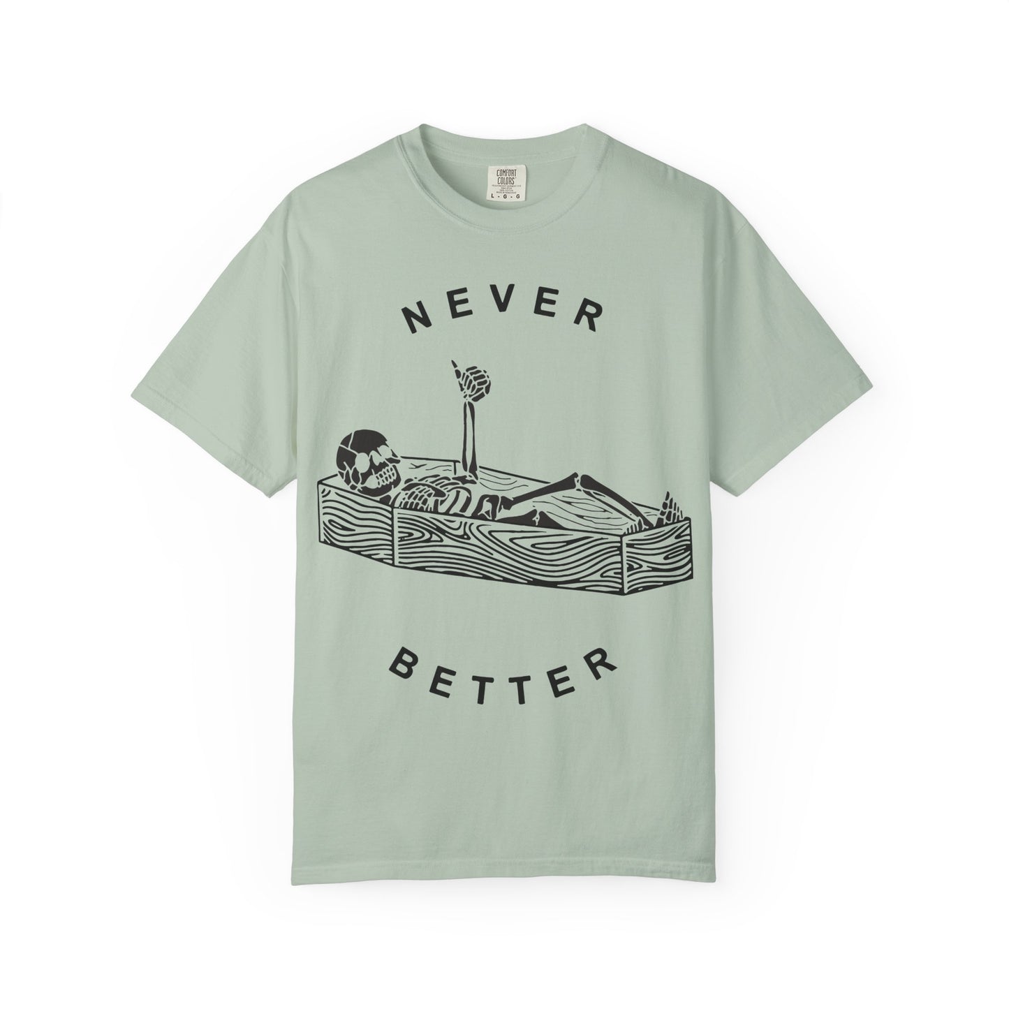Halloween t-shirts never better skeleton giving a thumbs up in a casket