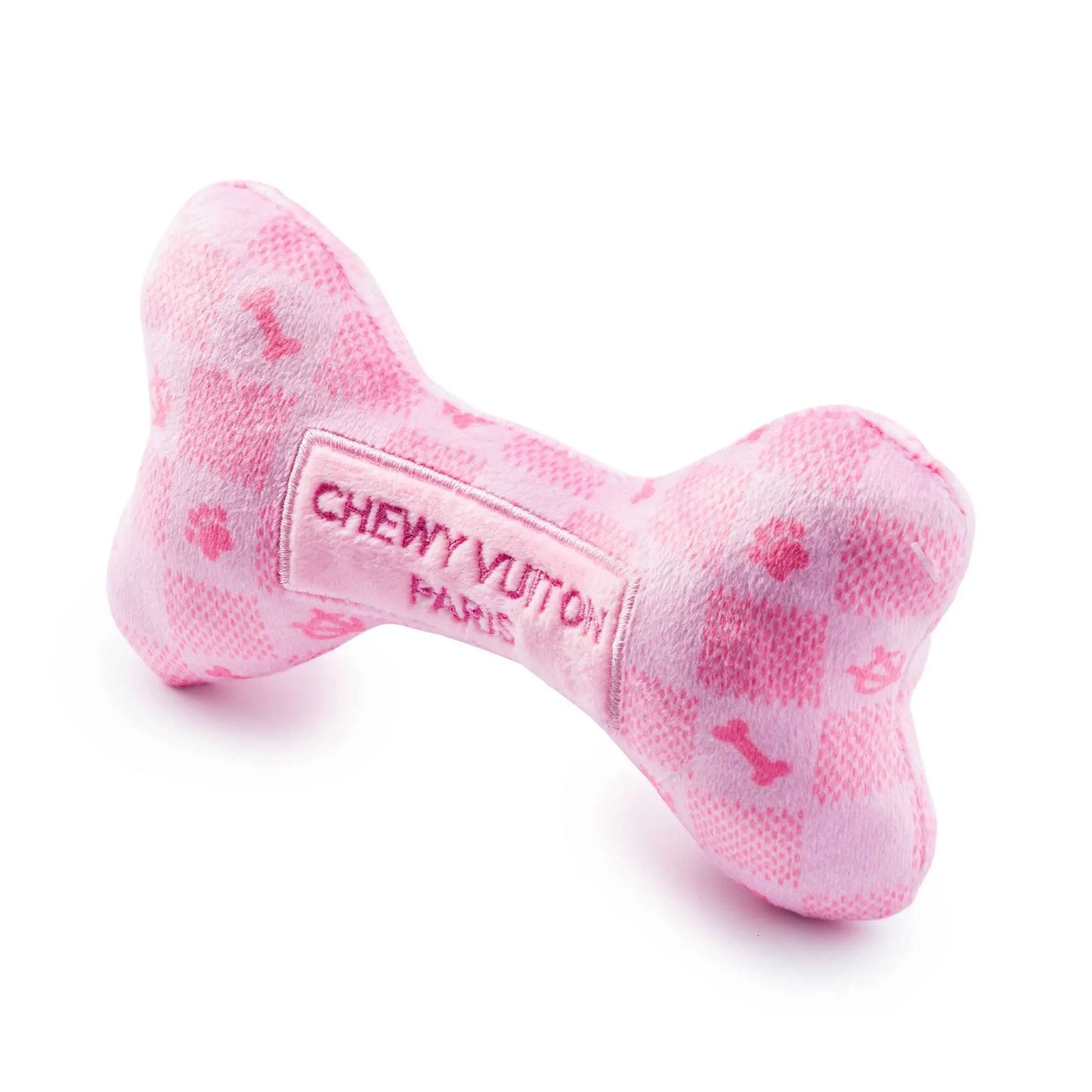 Luxurious pink checker dog toy bone by Haute Diggity Dog, plush and squeaky.