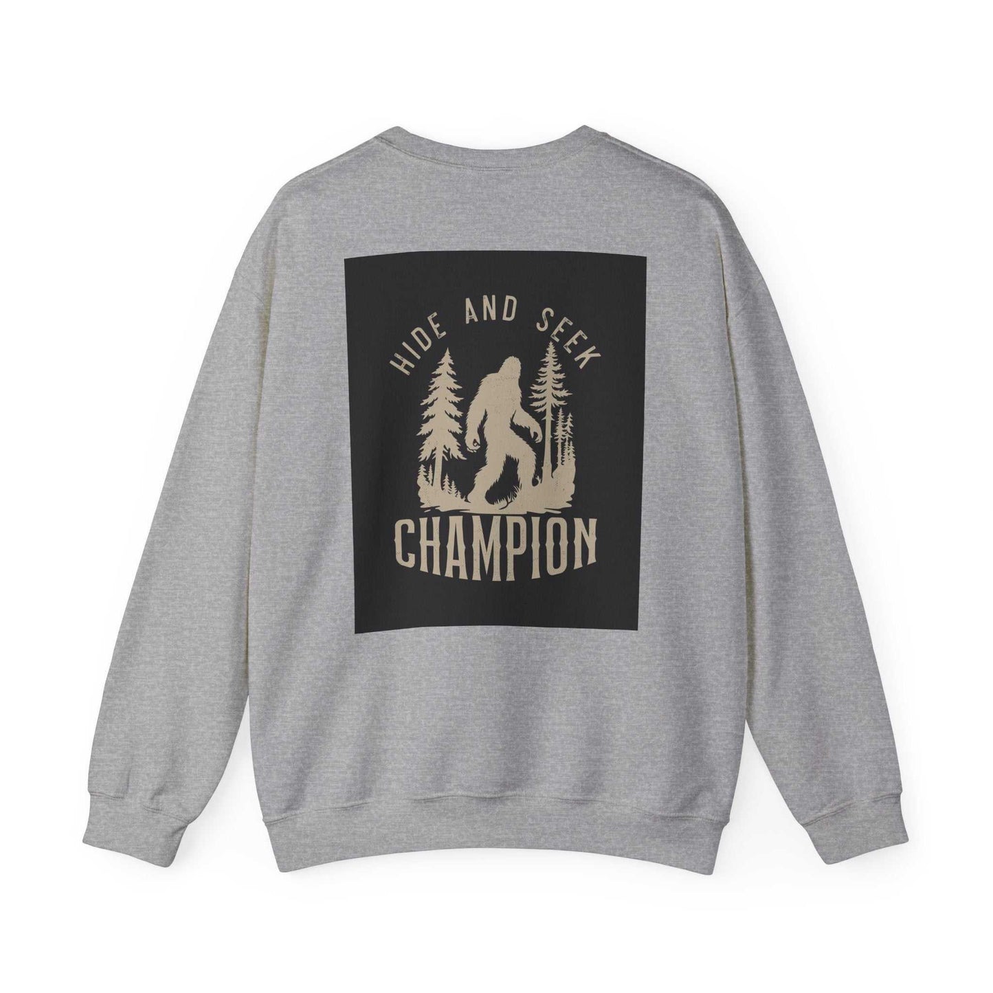 Unisex Heavy Blend™ Crewneck Sweatshirt with "Hide and Seek Champion" graphic on back.