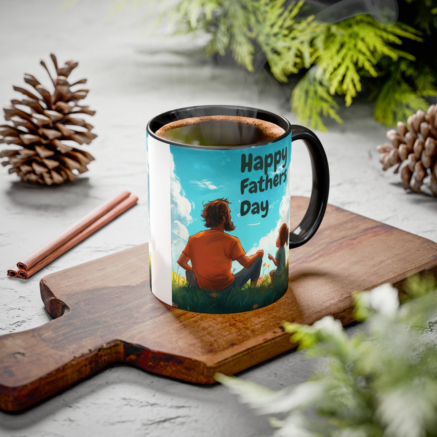 Colorful ceramic mug with "Happy Father's Day" design, glossy finish, and black handle, available in 11oz or 15oz sizes.