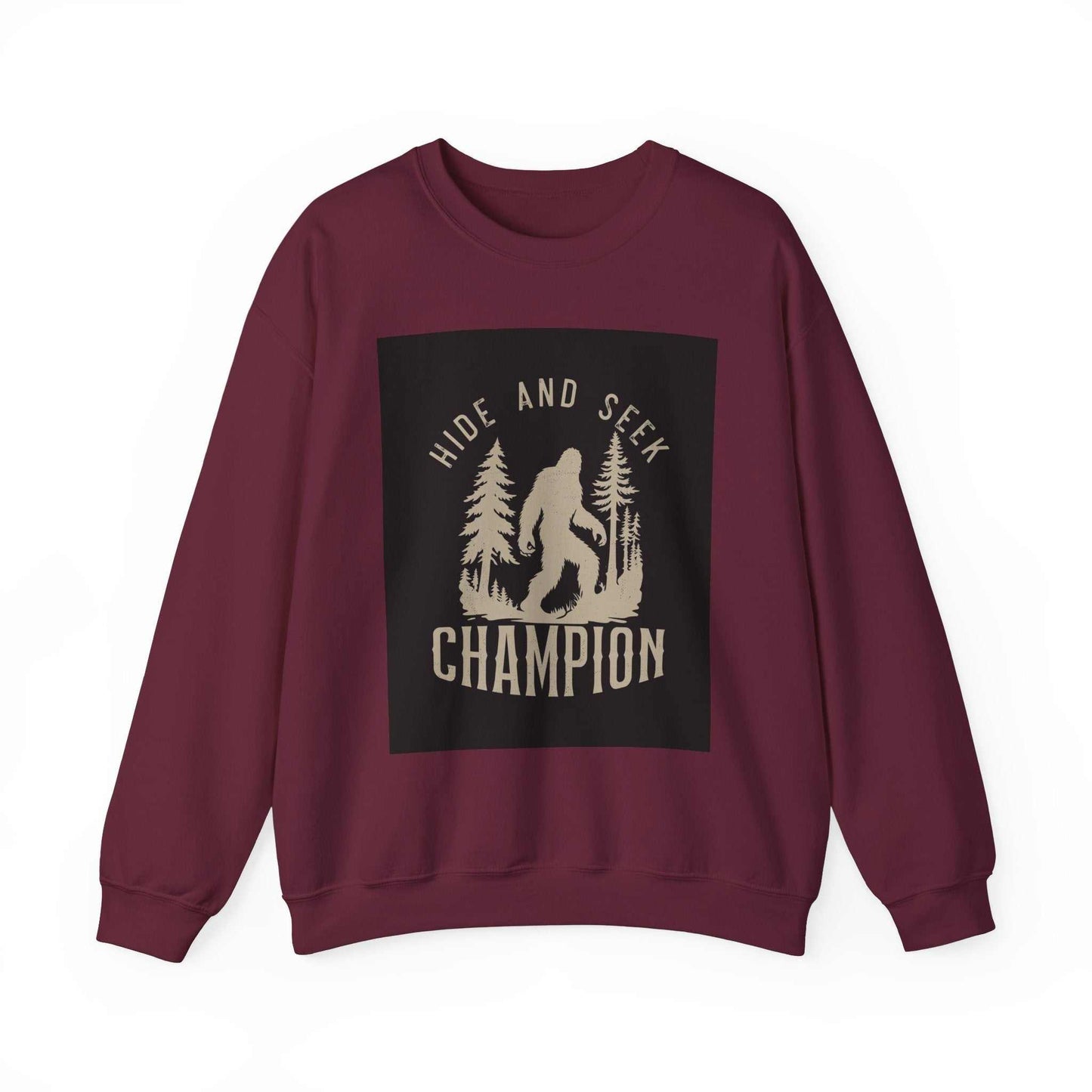 Unisex Heavy Blend™ Crewneck Sweatshirt with "Hide and Seek Champion" design in maroon color.