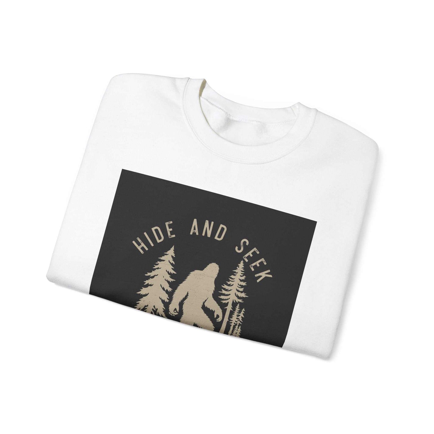 Unisex Heavy Blend™ Crewneck Sweatshirt with Hide and Seek Design, folded, featuring comfortable polyester-cotton fabric.