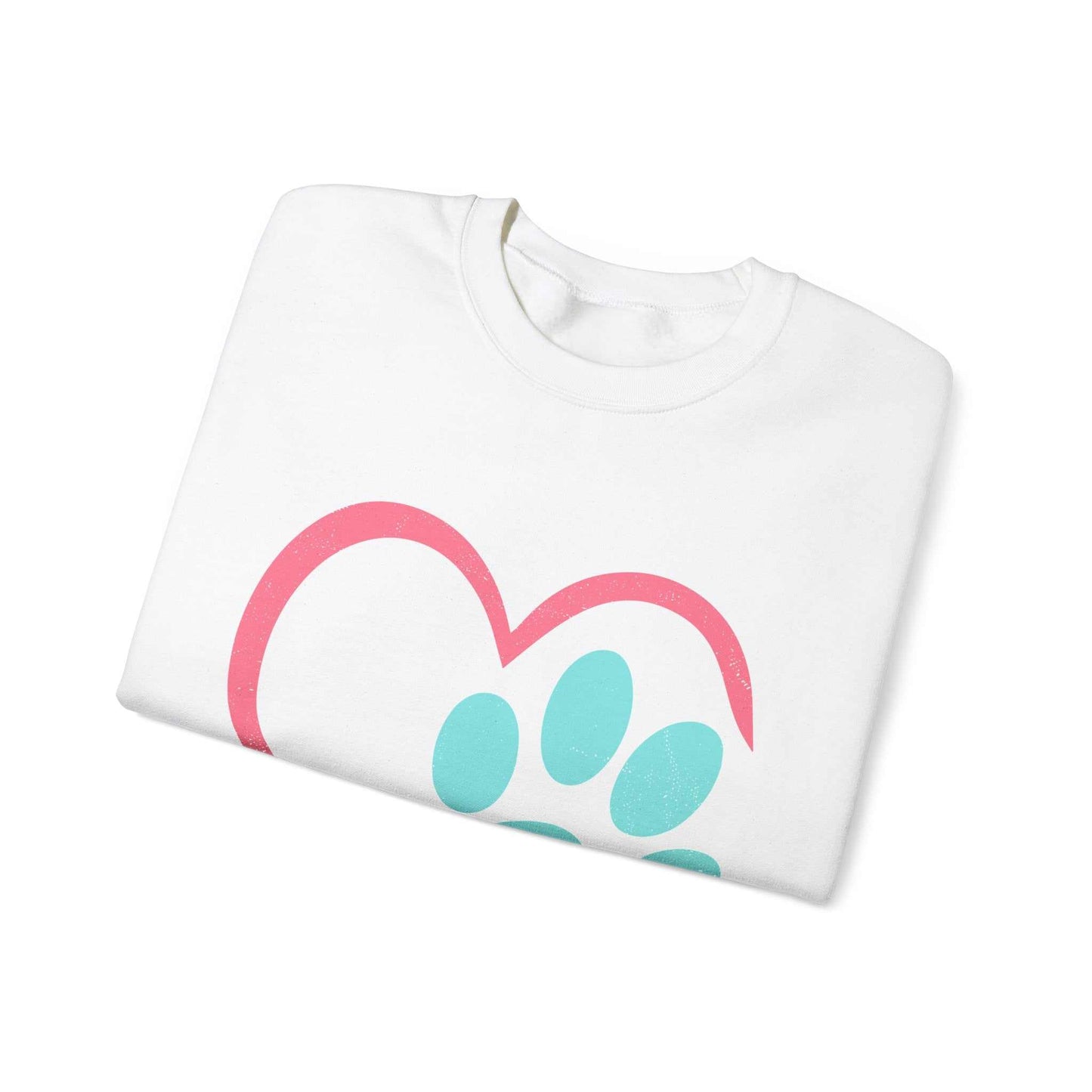Unisex Heavy Blend™ Crewneck Sweatshirt folded with heart and paw print design, showcasing ribbed knit collar.