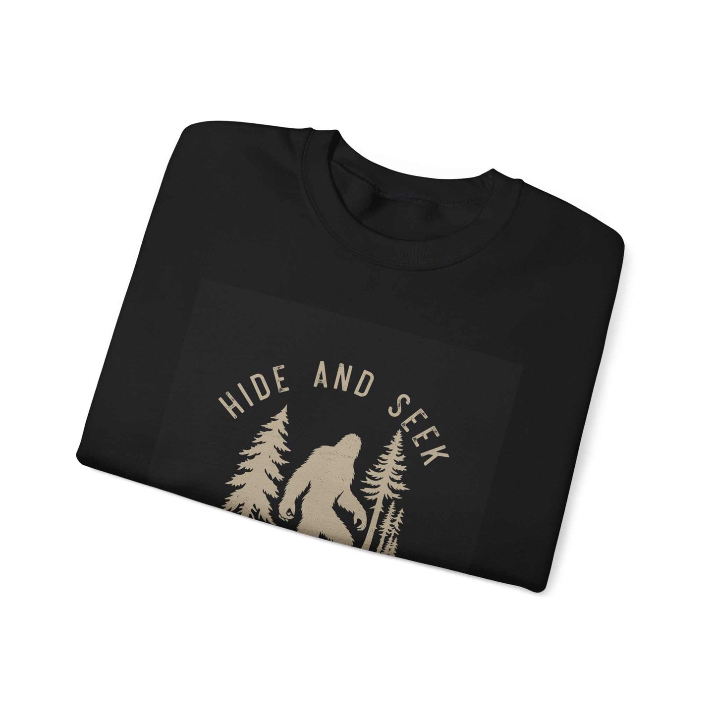 Unisex Heavy Blend Crewneck Sweatshirt with "Hide and Seek" design folded, made from 50% cotton and 50% polyester.