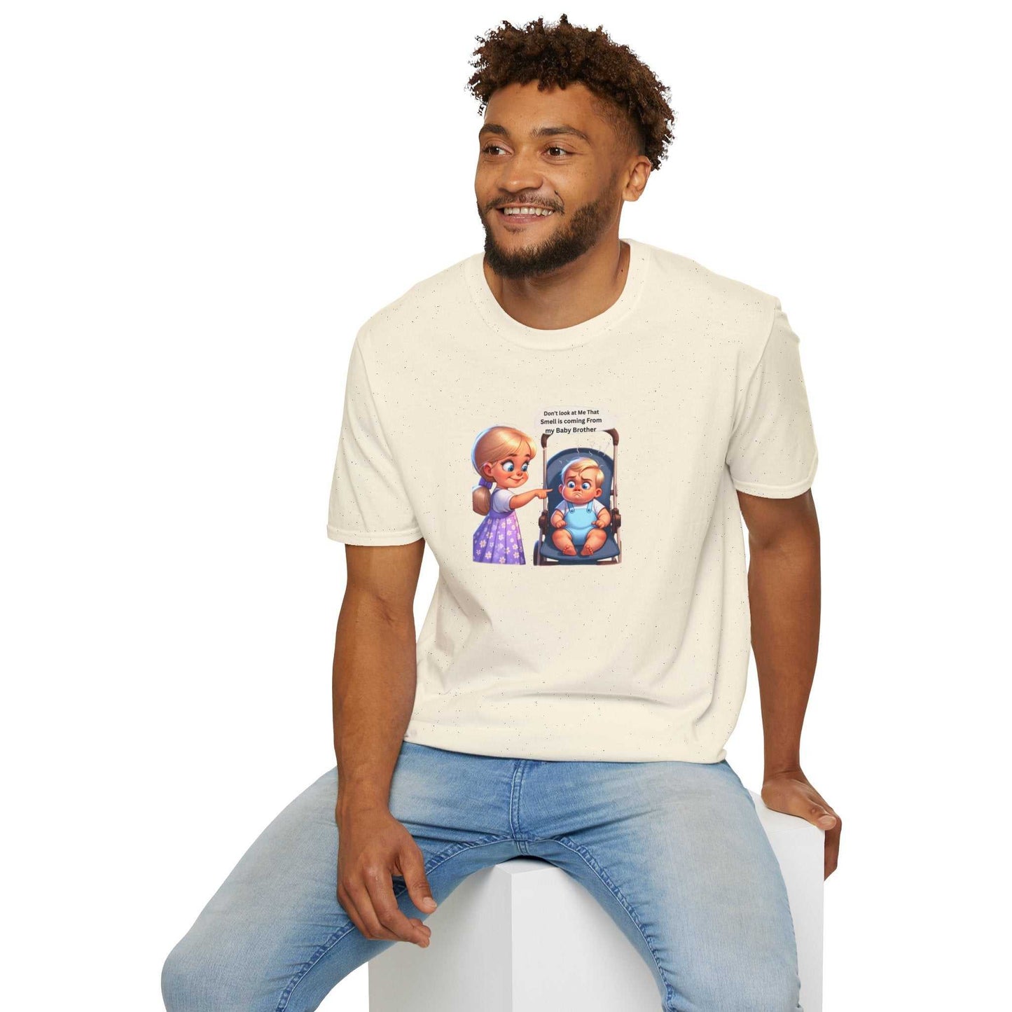 Unisex Softstyle T-Shirt with printed design, 100% cotton, worn by smiling individual.