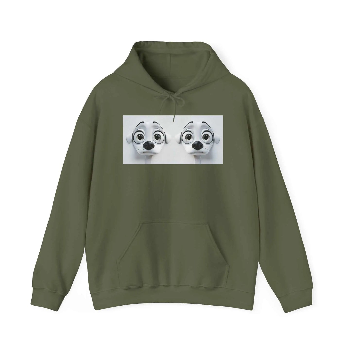 Sarcastic Dog Face 3D Hoodie in olive green with kangaroo pocket and matching drawstring.