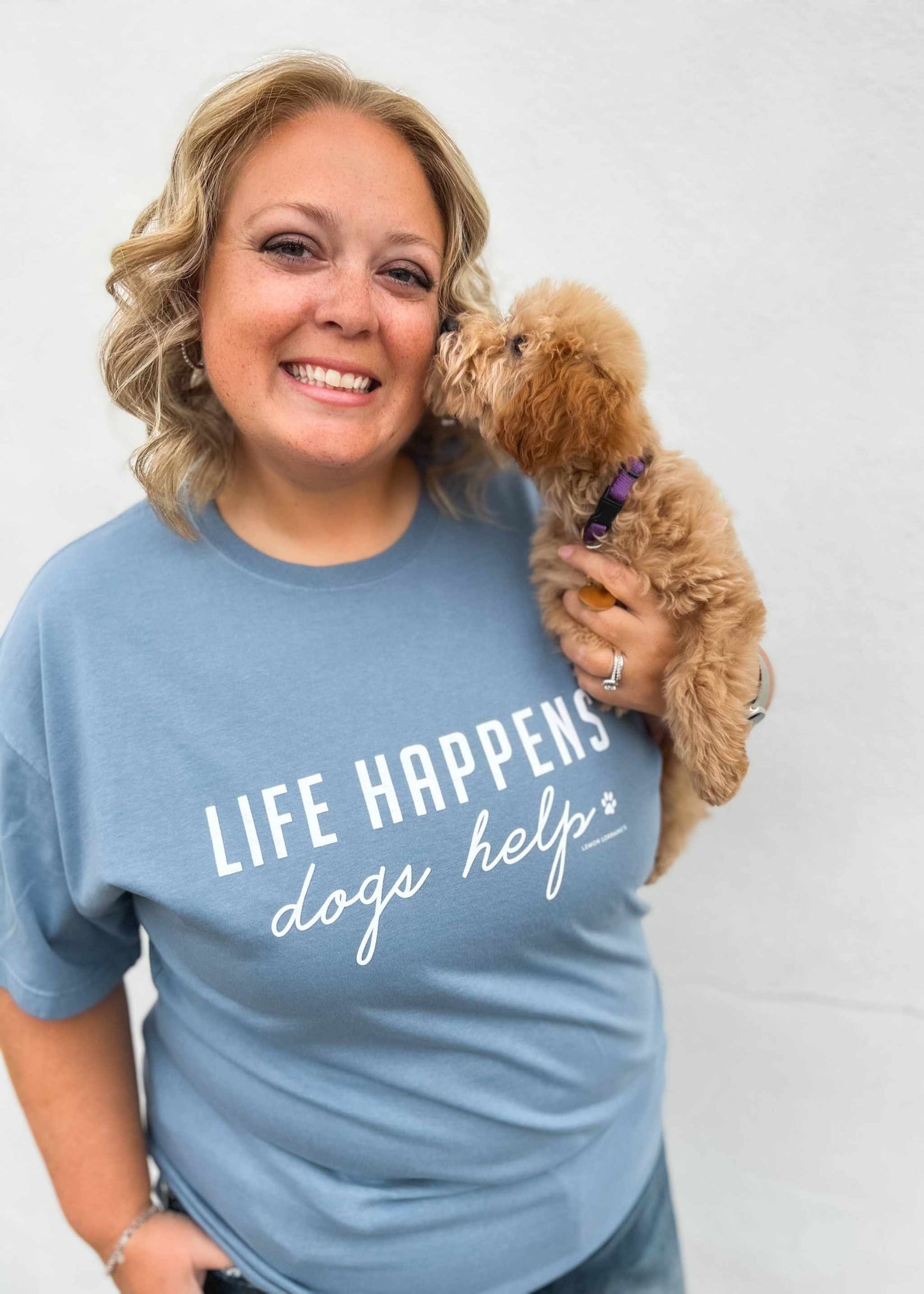 Comfort Wash Graphic Tee in saltwater blue with "Life Happens Dogs Help" print.