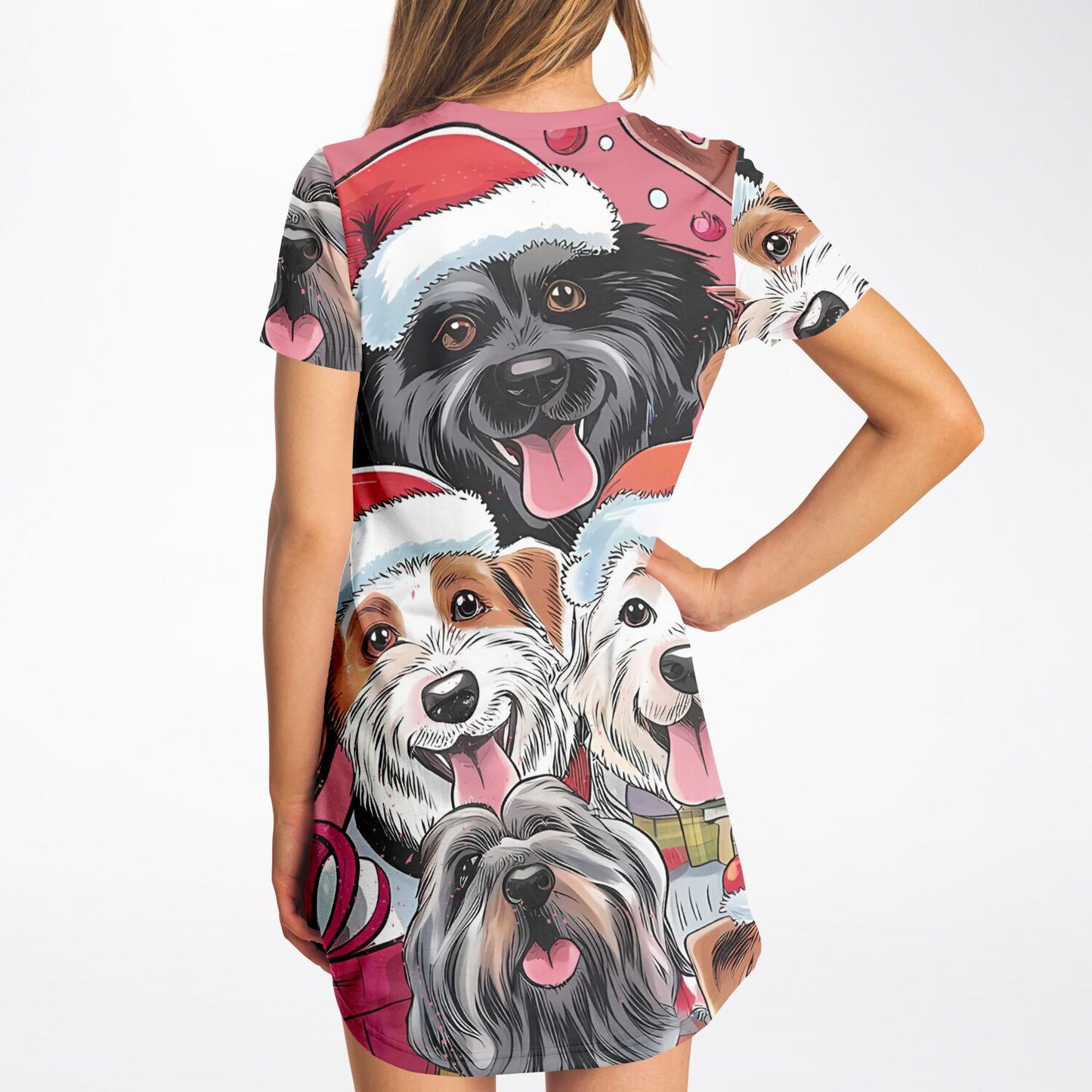 Christmas Dogs AOP T-Shirt Dress – Festive All-Over Print Holiday Style
