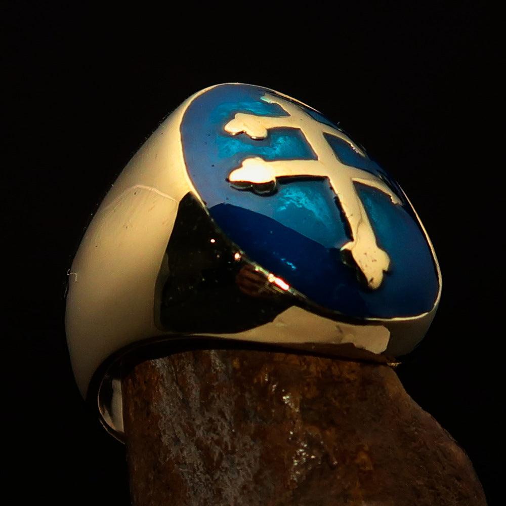 Excellent crafted oval domed Men's blue Cross Lorraine Ring - solid - Toddcraft
