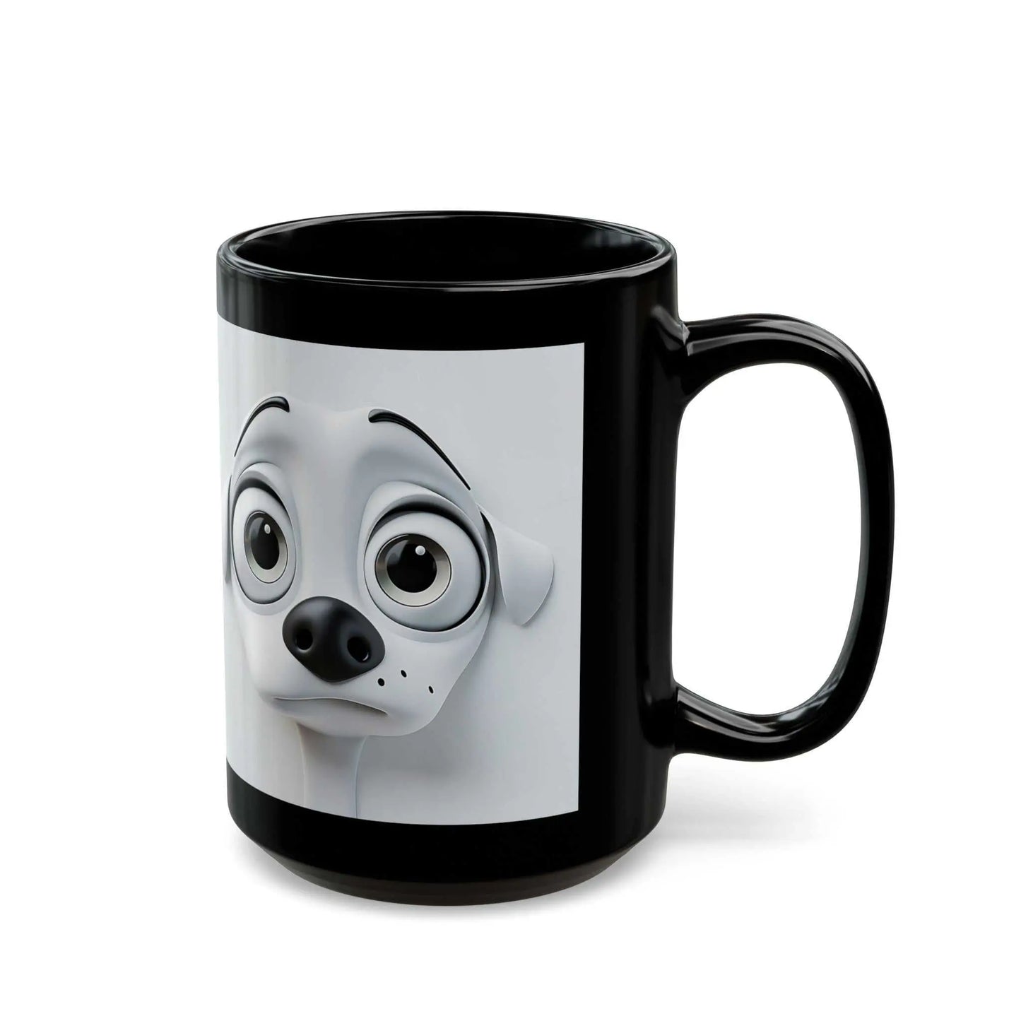 Sarcastic Dog Face 3D Mug with lifelike dog print on black ceramic.