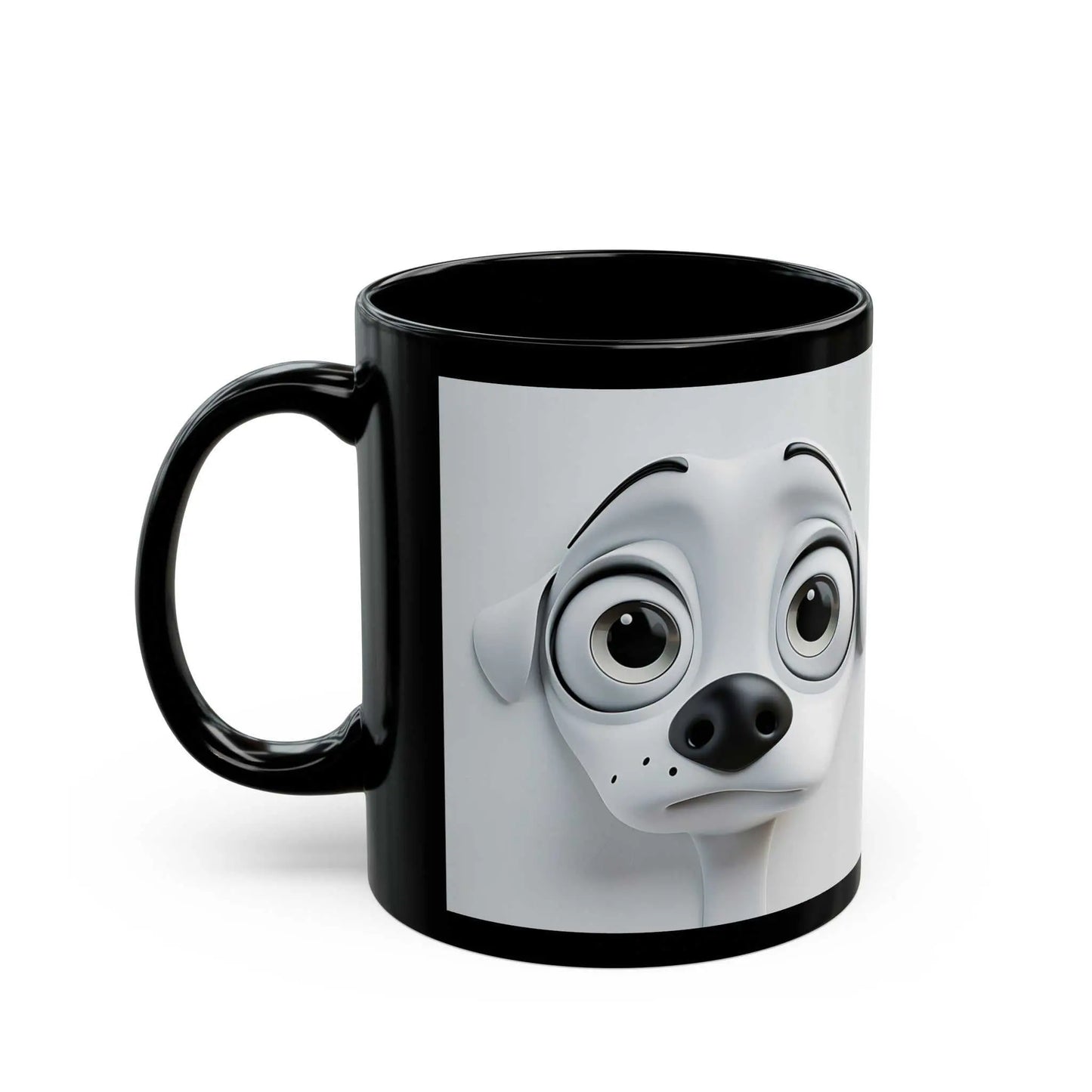 3D ceramic mug with a sarcastic dog face design, black and playful.