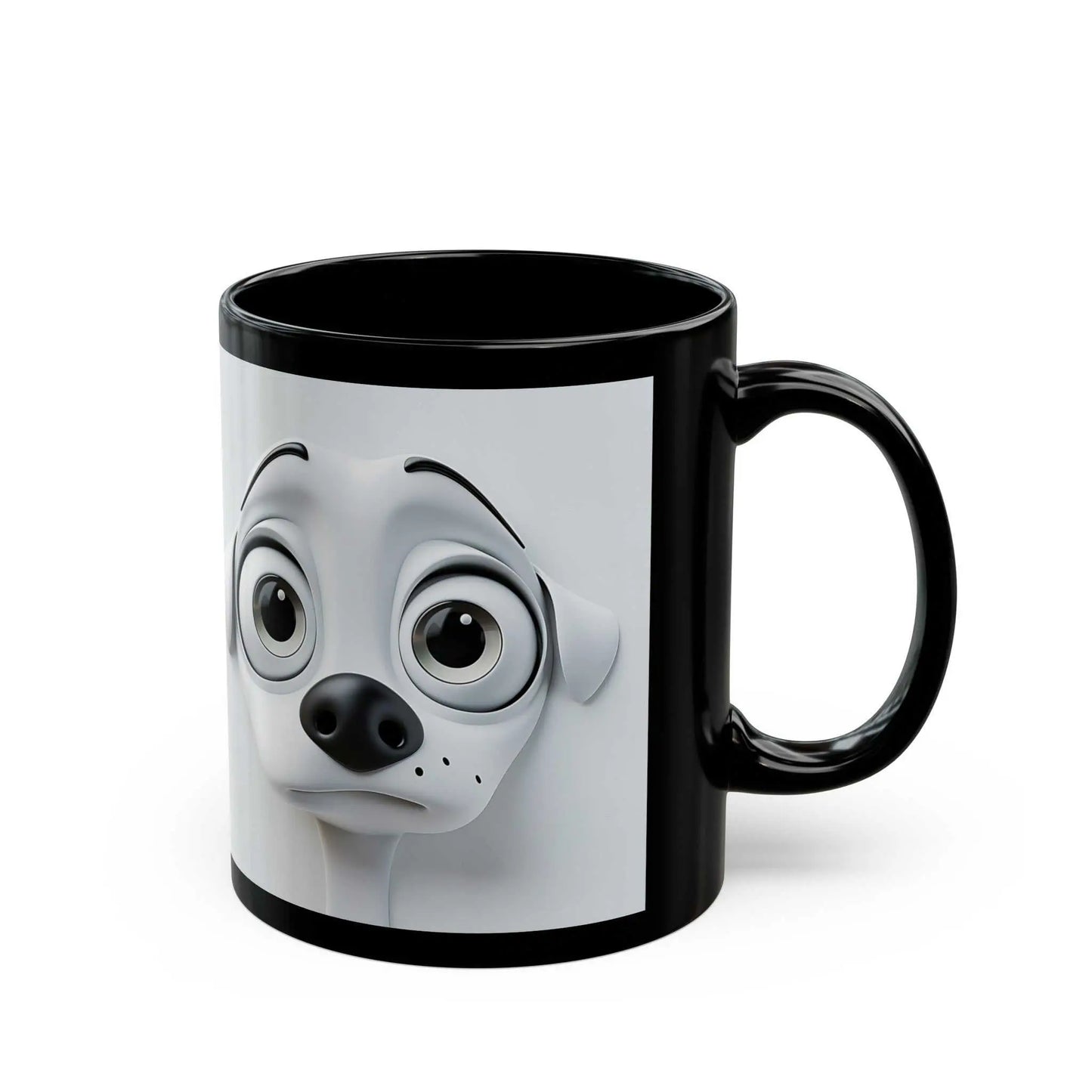 Sarcastic Dog Face 3D Mug with playful expression on black ceramic background.