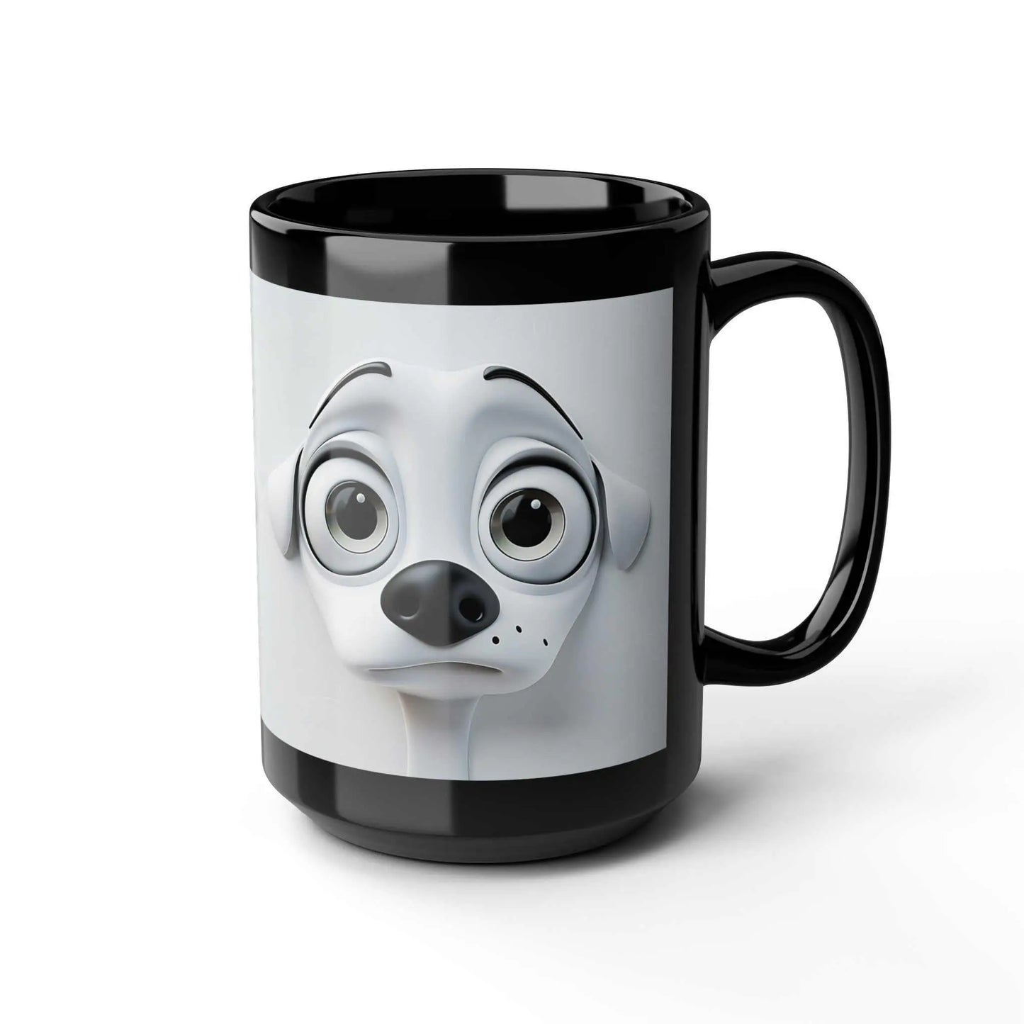 Sarcastic Dog Face 3D Mug with lifelike canine print on black ceramic.