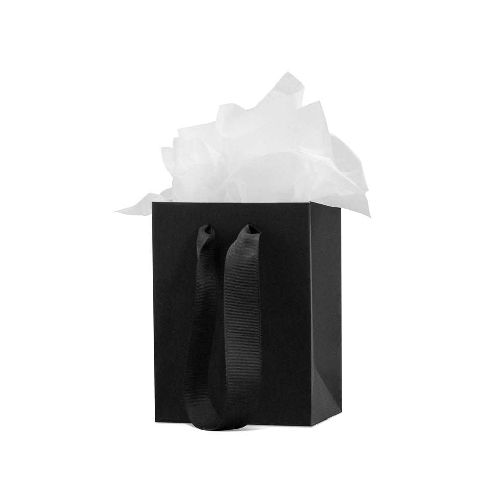 Black gift bag kit with white tissue paper.