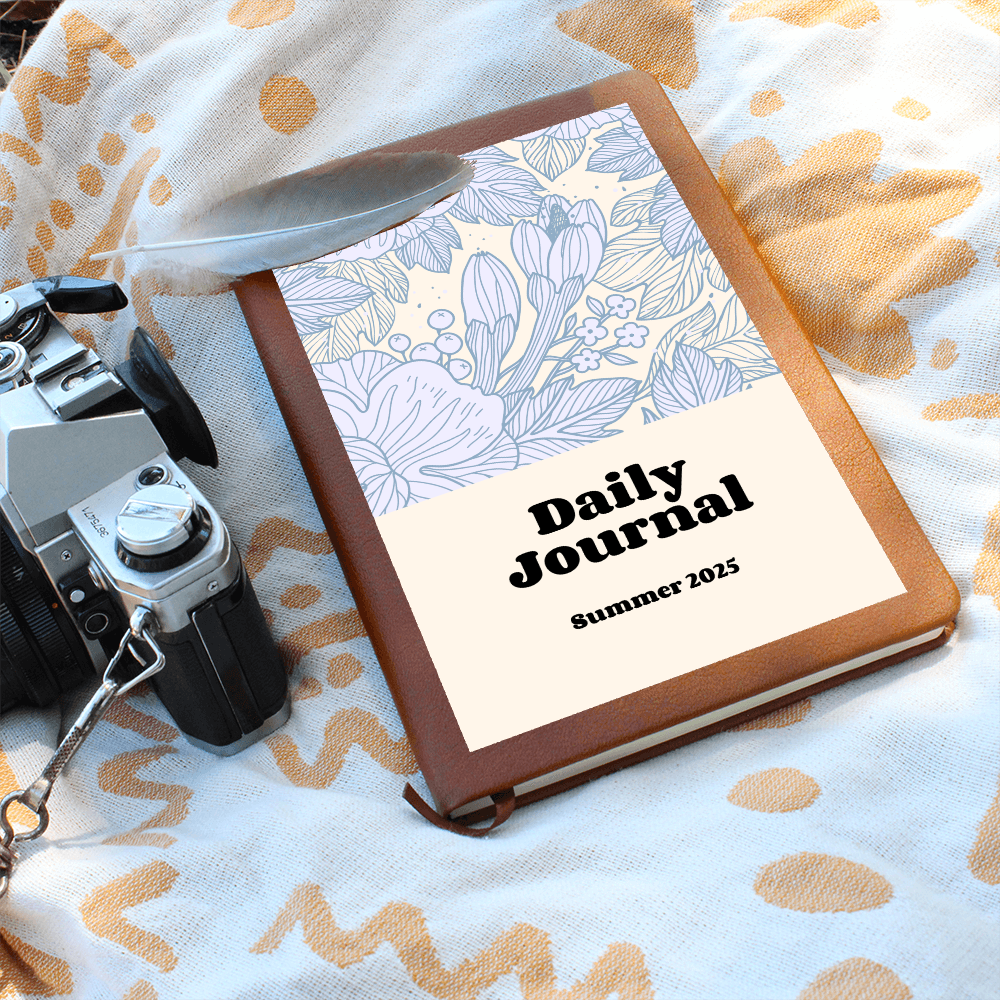Daily Journal with floral design on vegan leather cover, featuring "Summer 2025" text, ideal for daily reflections and personal reminders.