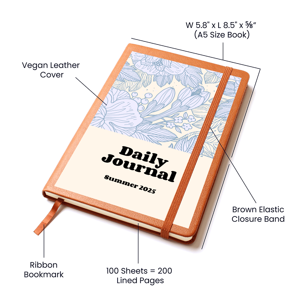 Daily Reflections vegan leather journal with floral design, brown elastic closure band, and ribbon bookmark.