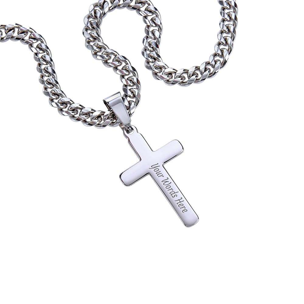 artisan cross necklace on cuban link chain with personalization option