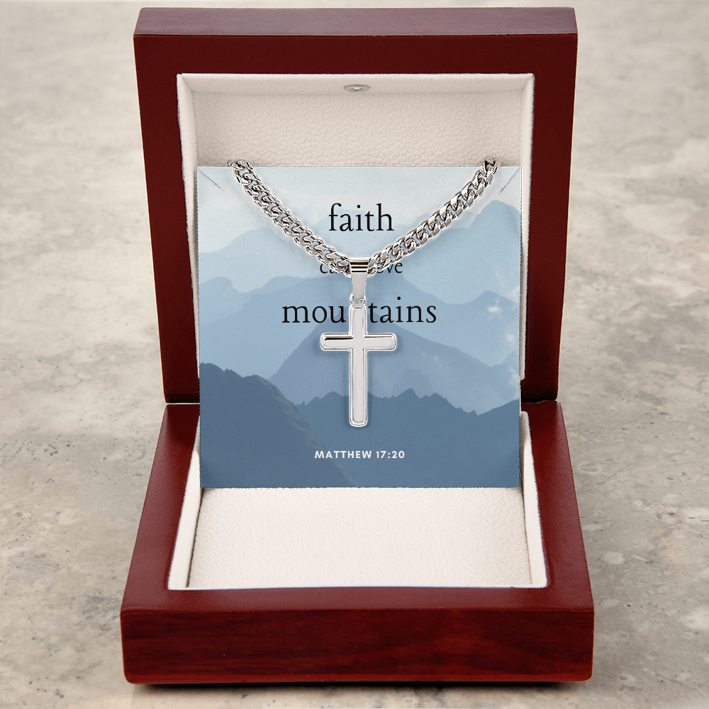 Artisan cross necklace with Cuban link chain in a mahogany gift box.
