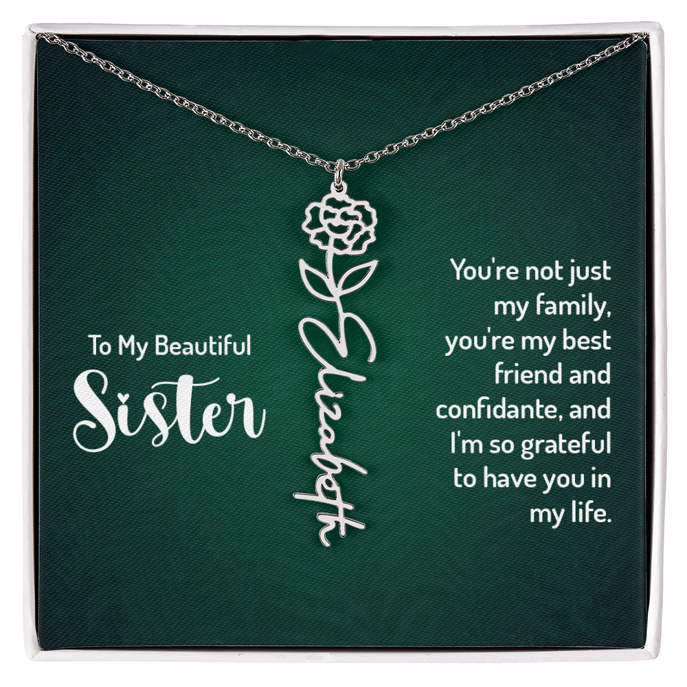 Personalized sister necklace with floral design and customizable name.