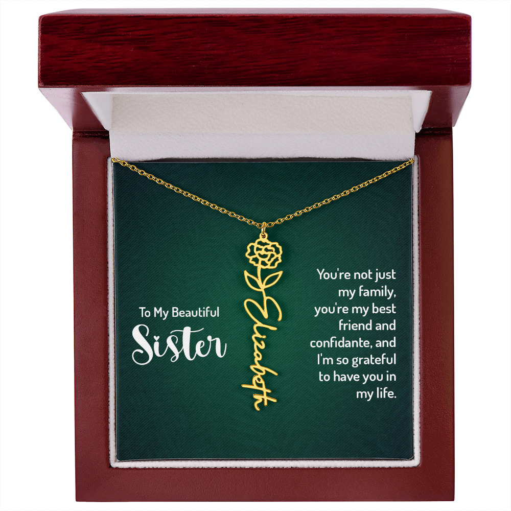 Personalized sister necklace with floral design in luxury box.