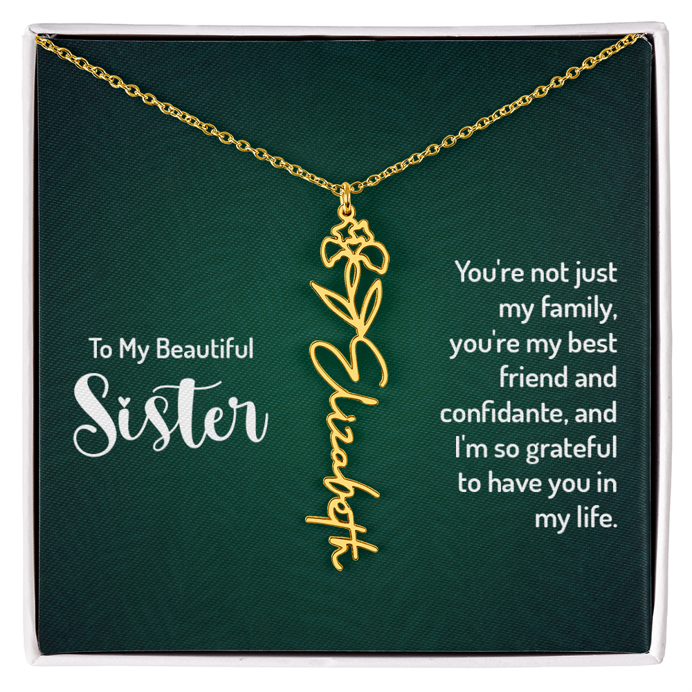 Personalized sister necklace in floral design with engraved name, gift from a brother.