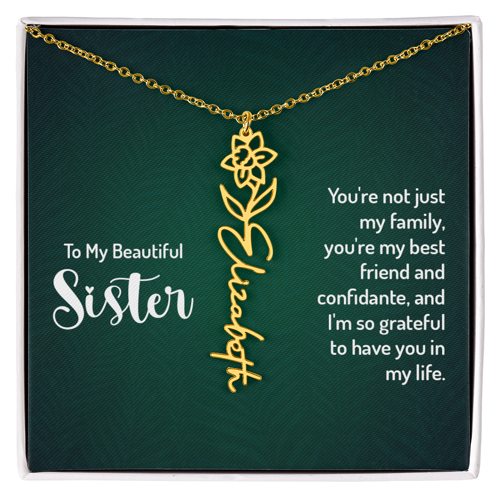 Personalized sister necklace with floral design and custom name engraving, a thoughtful gift from brother or loved ones.