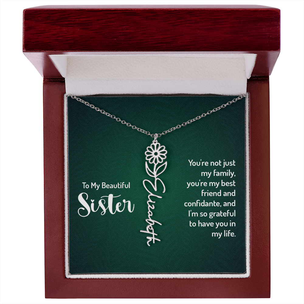 Personalized sister necklace with floral design in gift box, featuring a customizable name plate.