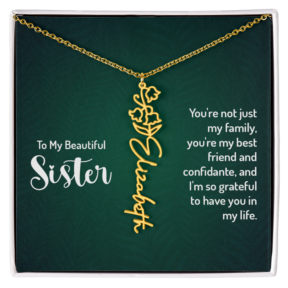 Personalized sister necklace with floral design and custom name engraving, gift for special occasions.