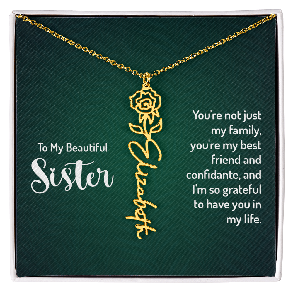 Personalized sister necklace with floral design and message from brother.