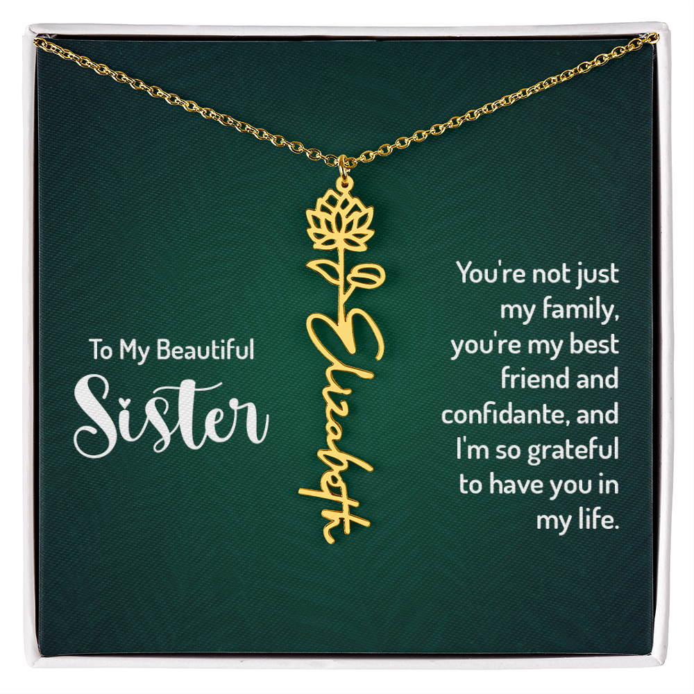 Floral design personalized sister necklace with cursive name and birth flower.
