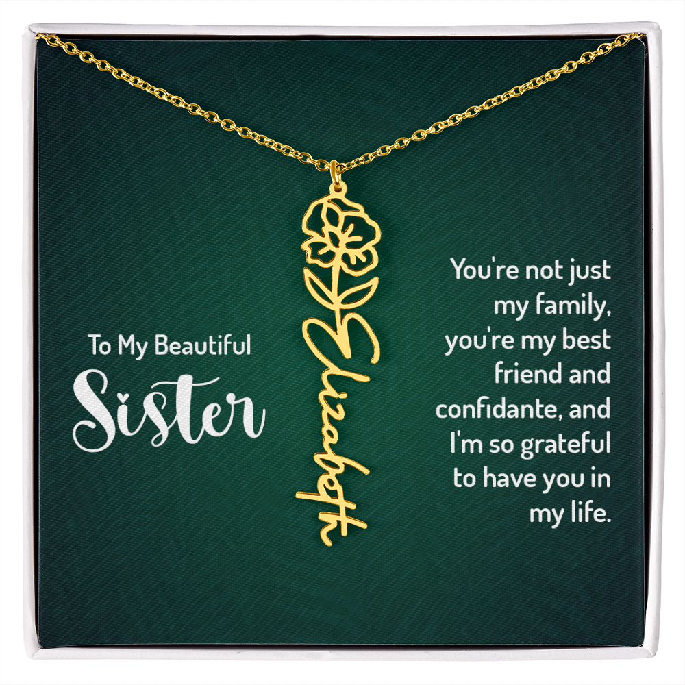Personalized sister necklace with floral design and cursive name "Elizabeth" on adjustable gold chain, in gift box.
