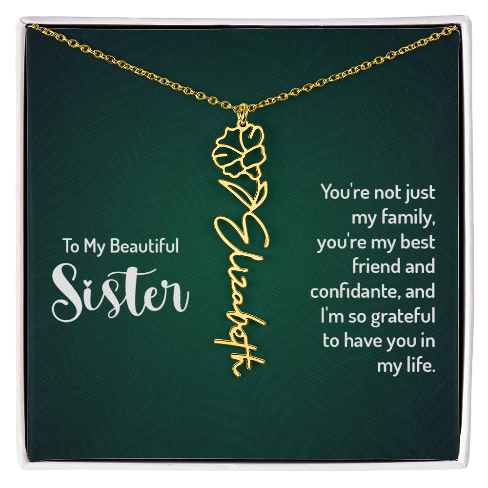 Personalized sister necklace with floral design, featuring the name "Elizabeth" on a gold chain, displayed in a gift box.