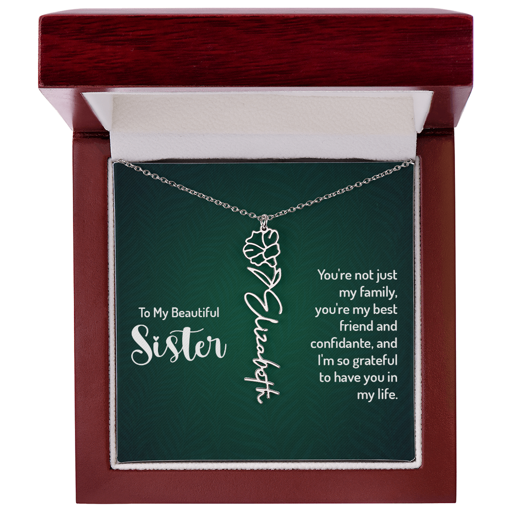 Personalized Sister Necklace in gift box with floral design and heartfelt message.