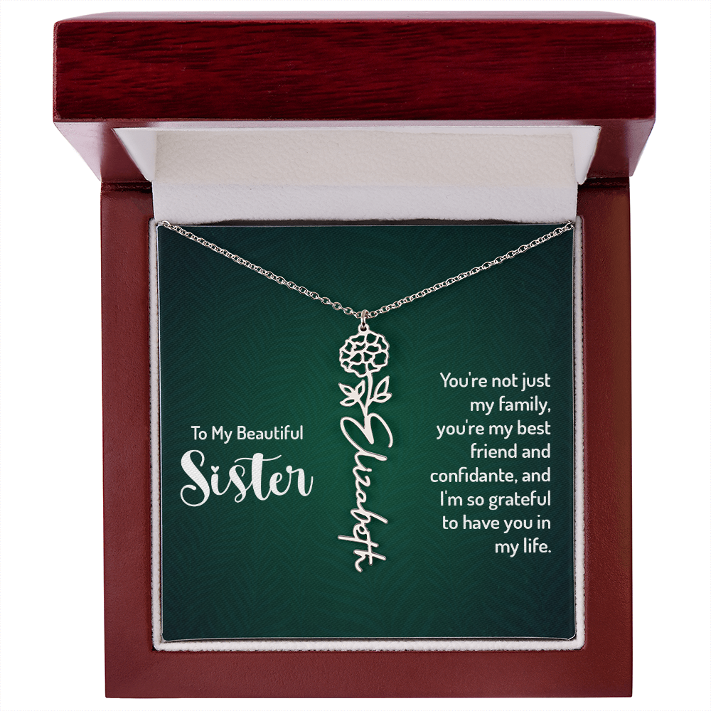 Personalized sister necklace with floral design in a luxury box, gift from brother or loved one.