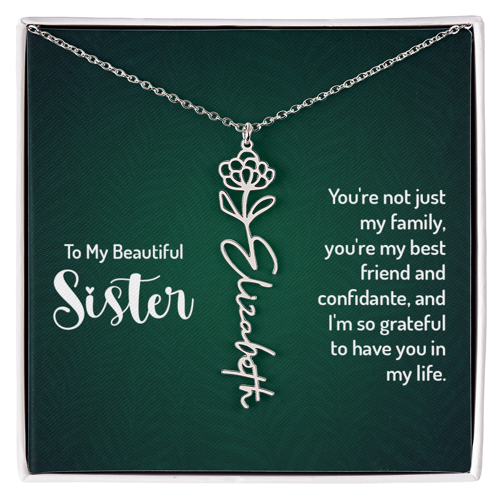 Personalized sister necklace with floral design, a heartfelt gift from brother or loved ones.