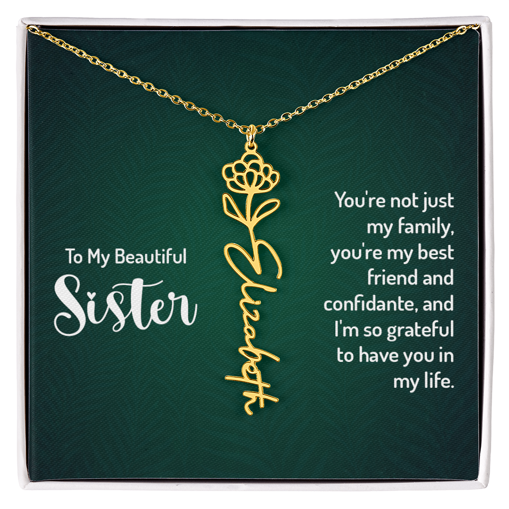 Personalized sister necklace with floral design, featuring a customizable name and birth flower, in gold finish.