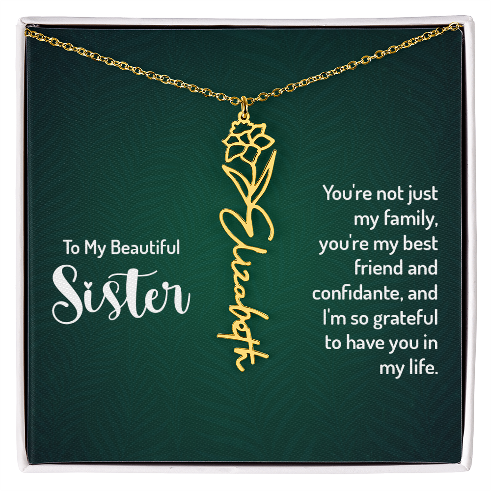 Personalized sister necklace with gold floral design and custom name.