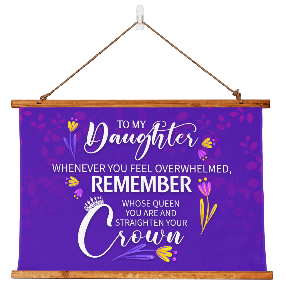 Wood framed wall tapestry with motivational daughter message in purple design.
