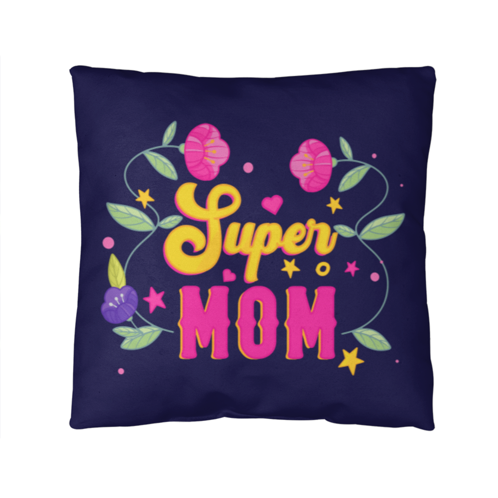 Super Mom Indoor Outdoor Pillow with floral design on a navy background.