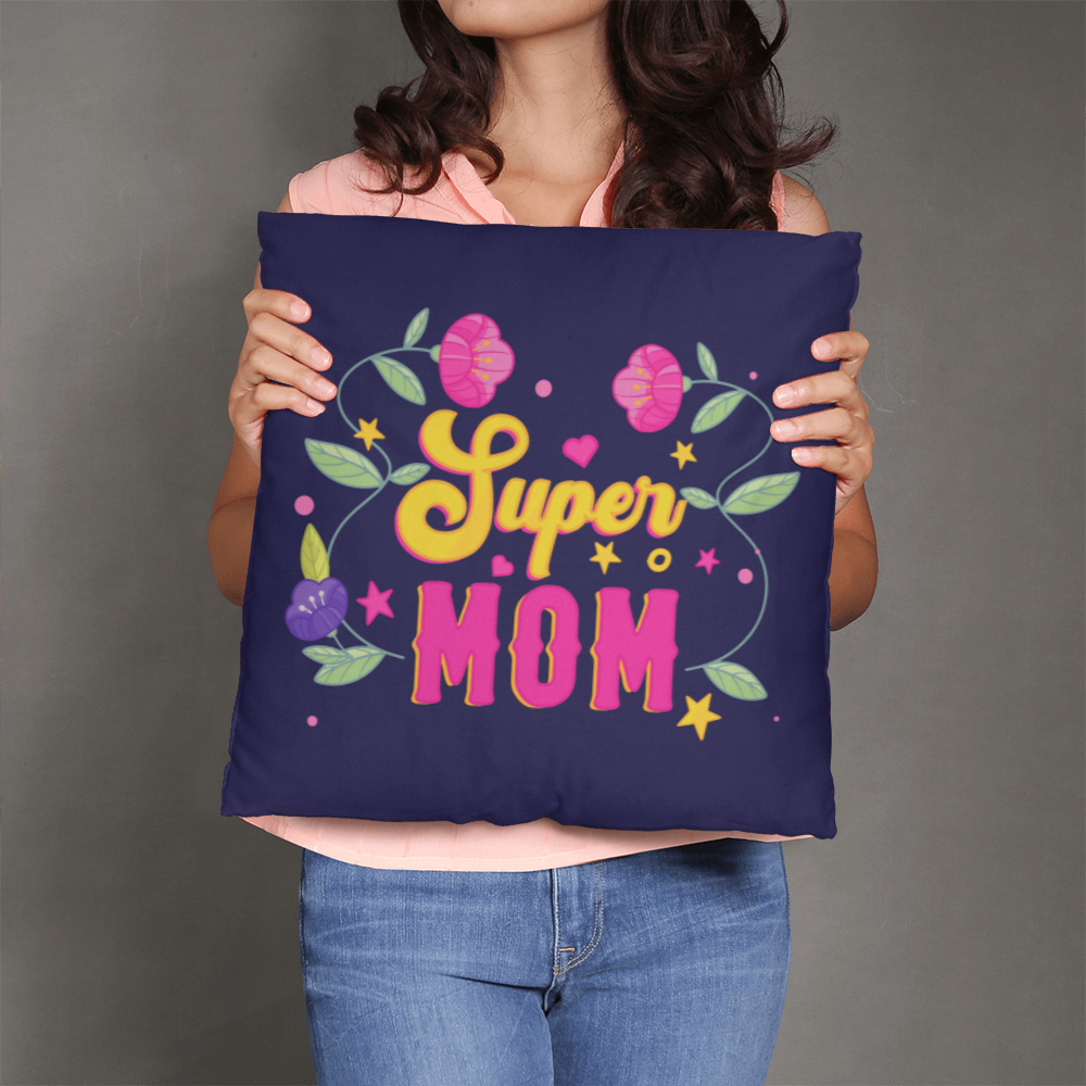Super Mom Indoor Outdoor Pillow with floral design, vibrant blue fabric, ideal gift.