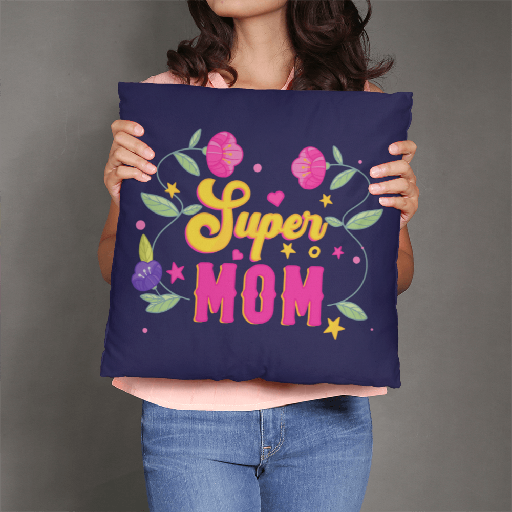 Super Mom Indoor Outdoor Pillow with colorful floral design, perfect for gifting.